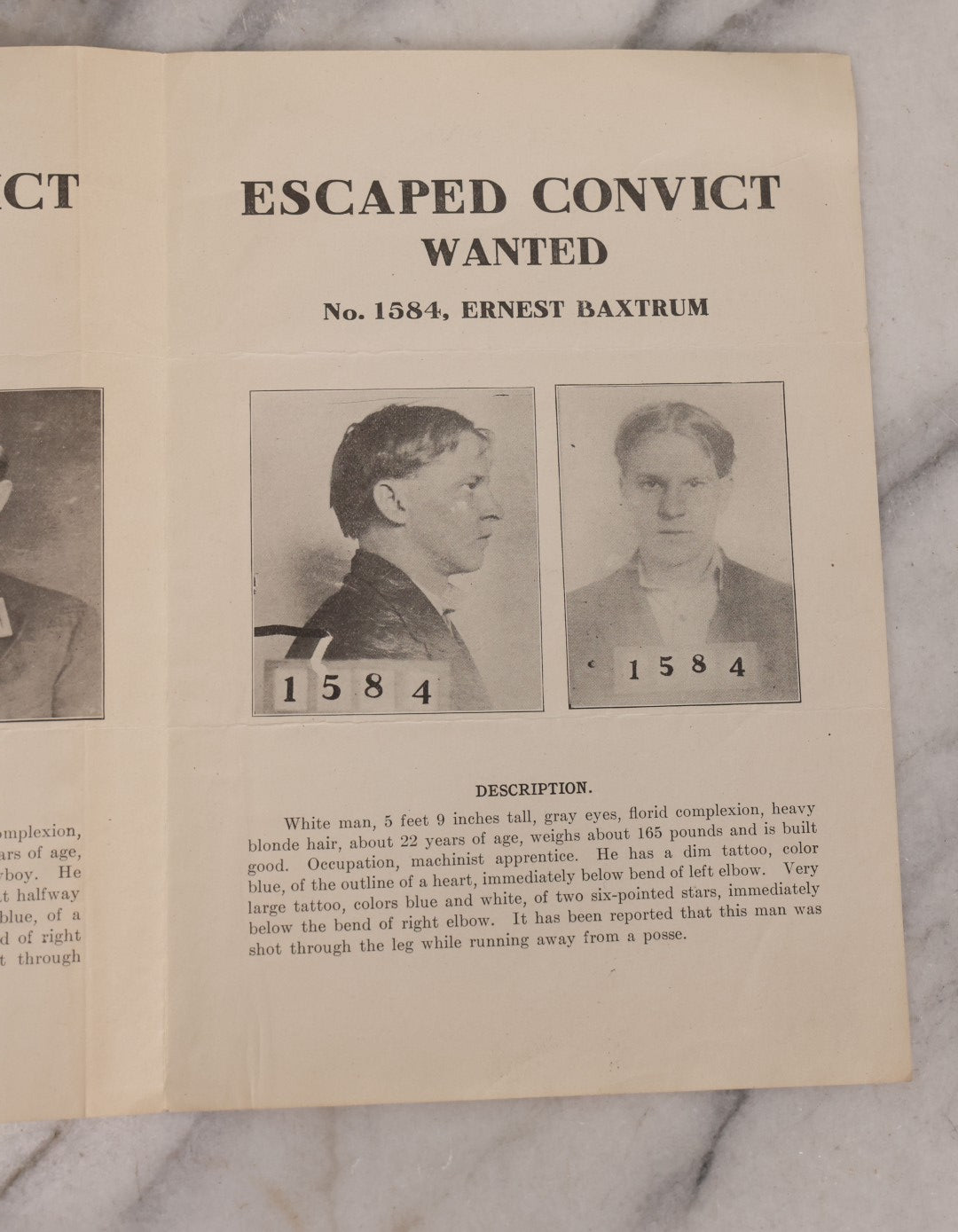 Lot 124 - Antique Wanted Pamhlet For Escaped Convicts Noah T. Richardson, J.H. Burke, Ernest Baxtrum, $1,000 Reward, Wyoming State Penitentiary, October 13, 1912