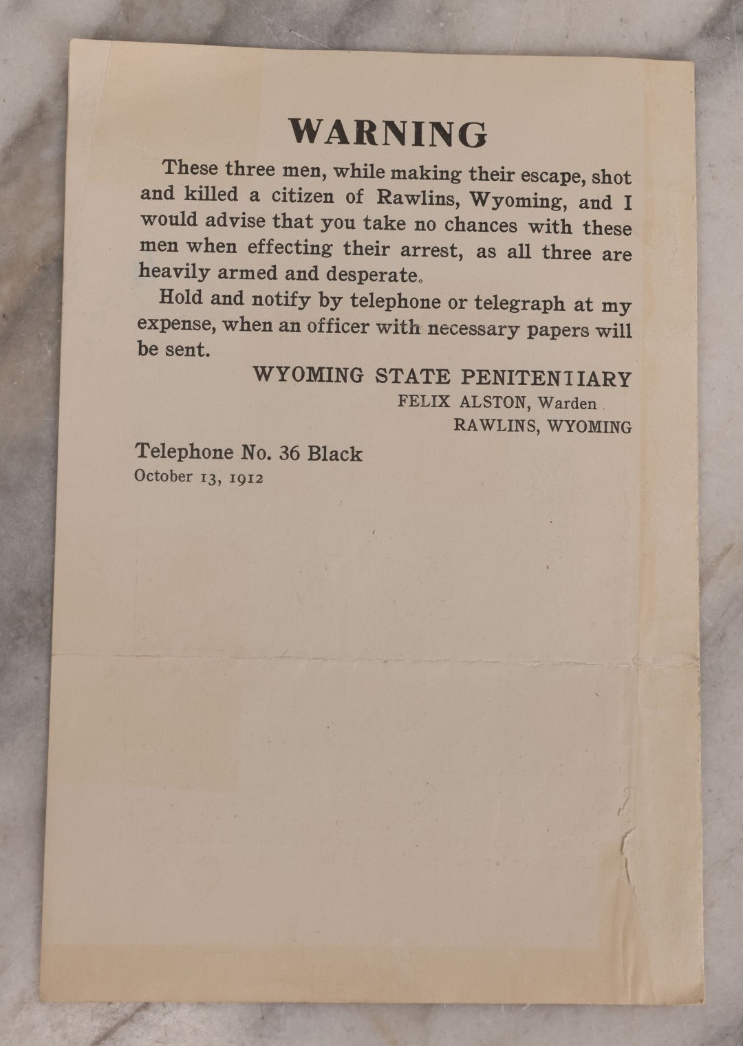 Lot 124 - Antique Wanted Pamhlet For Escaped Convicts Noah T. Richardson, J.H. Burke, Ernest Baxtrum, $1,000 Reward, Wyoming State Penitentiary, October 13, 1912