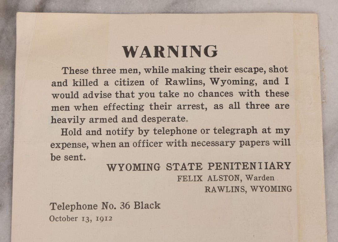 Lot 124 - Antique Wanted Pamhlet For Escaped Convicts Noah T. Richardson, J.H. Burke, Ernest Baxtrum, $1,000 Reward, Wyoming State Penitentiary, October 13, 1912