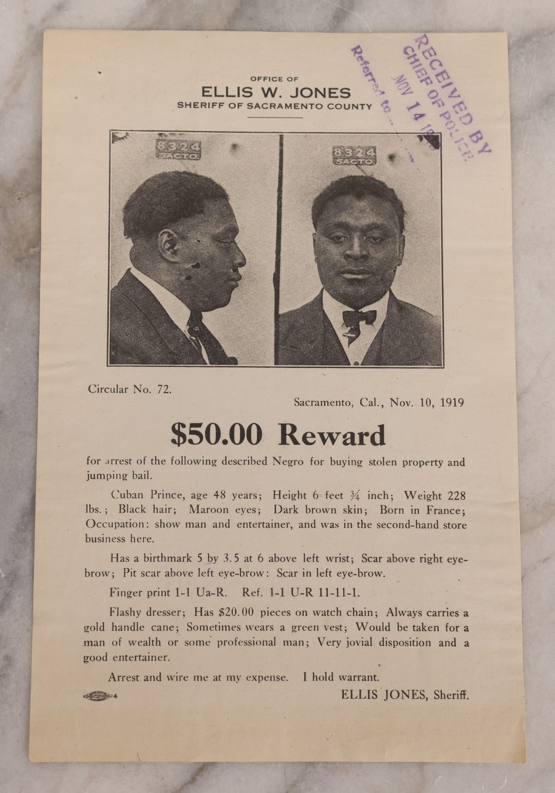 Lot 126 - Antique Wanted Poster With Mugshot For Cuban Prince, $50.00 Reward, For Buying Stolen Property And Jumping Bail, Office Of Ellis W. Jones, Sheriff Of Sacramento County, Sacramento, California, November 10, 1919