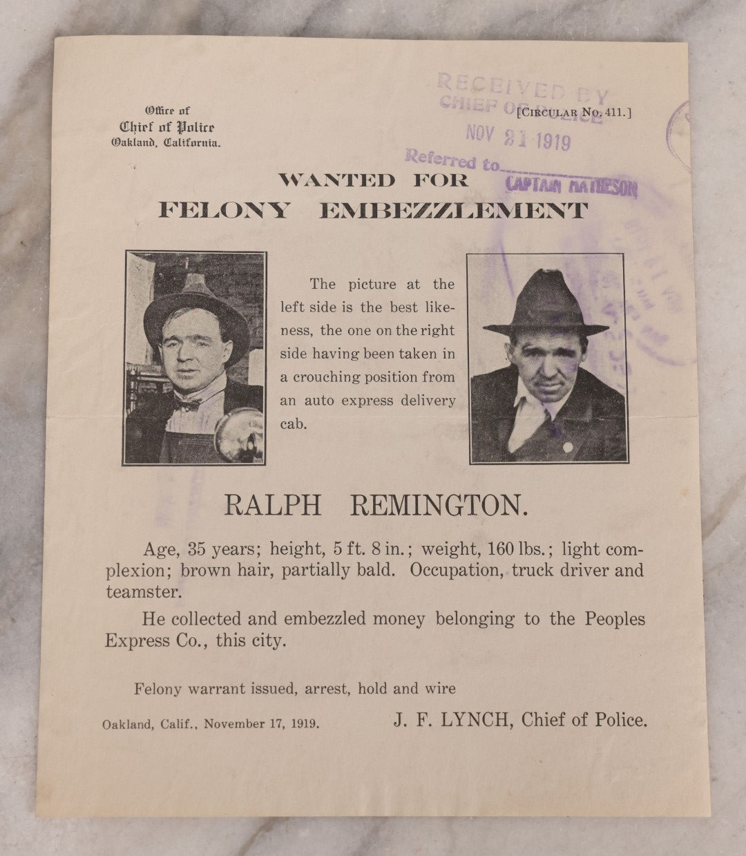 Lot 127 - Antique Wanted Poster With Photographs For Ralph Remington, Felony Embezzlement, Office Of Chief Of Police, Oakland, California, November 17, 1919
