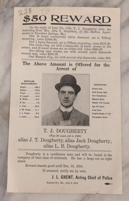 Lot 131 - Antique Wanted Poster With Photograph For T.J. Dougherty Alias J.T. Dougherty, Jack Dougherty, & L.B. Dougherty, $50 Reward, For Theft, Kansas City, Missouri, July 3, 1918