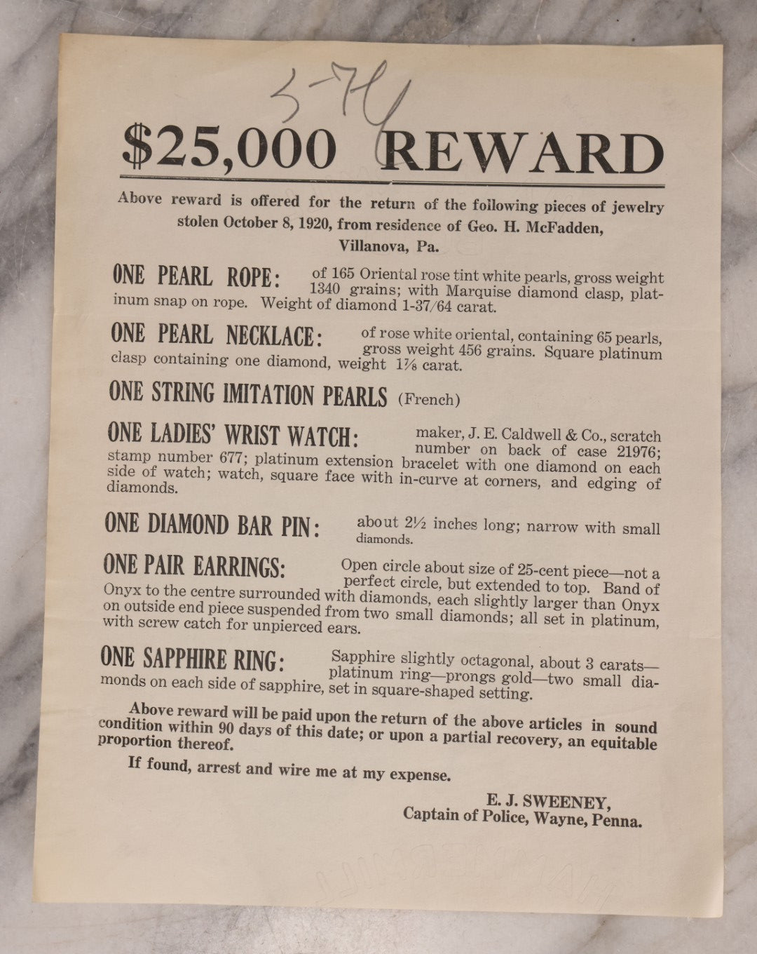 Lot 133 - Antique Wanted Poster Offering $25,000 Reward For Jewelry Stolen October 8, 1920, From Residence Of Geo. H. McFadden, Villanova, Pennsylvania, Captain Of Police, Wayne, Pennsylvania