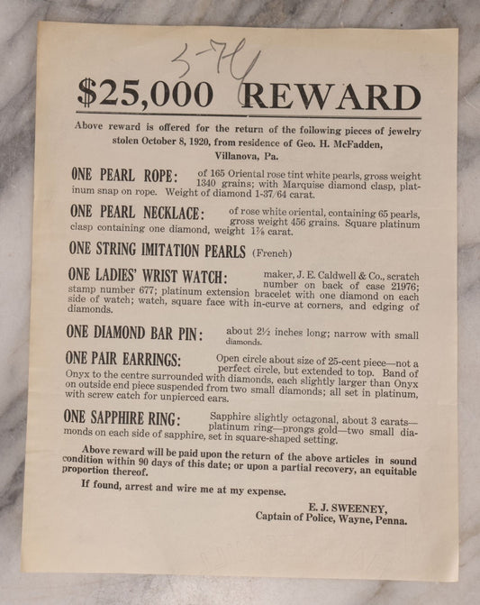 Lot 133 - Antique Wanted Poster Offering $25,000 Reward For Jewelry Stolen October 8, 1920, From Residence Of Geo. H. McFadden, Villanova, Pennsylvania, Captain Of Police, Wayne, Pennsylvania
