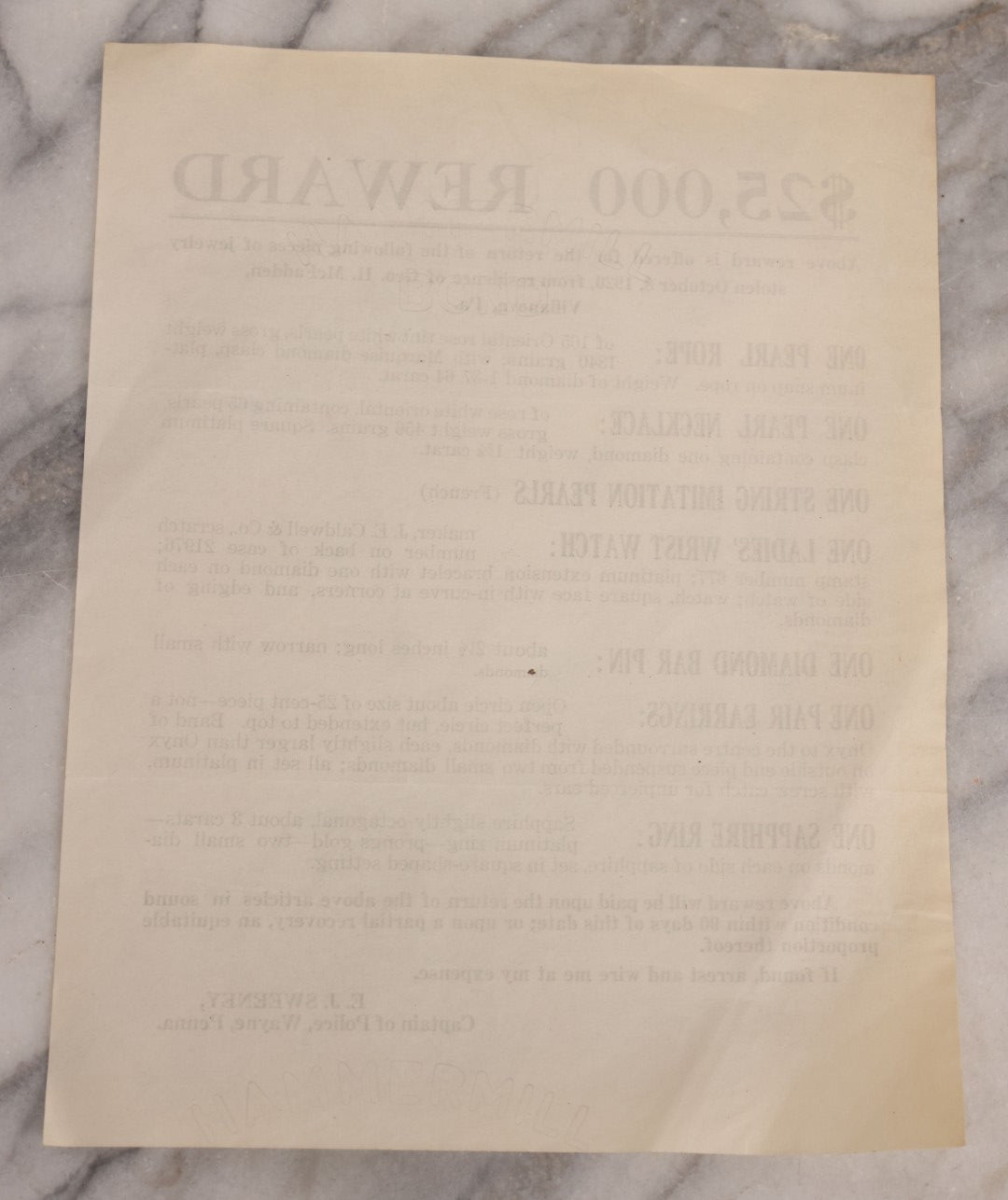 Lot 133 - Antique Wanted Poster Offering $25,000 Reward For Jewelry Stolen October 8, 1920, From Residence Of Geo. H. McFadden, Villanova, Pennsylvania, Captain Of Police, Wayne, Pennsylvania