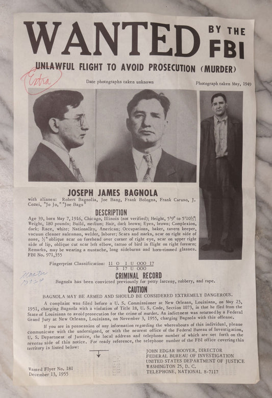 Lot 135 - Vintage FBI Wanted Poster With Photographs For Joseph James Bagnola, Unlawful Flight To Avoid Prosecution For Murder, Wanted Flyer No. 181, December 13, 1955, Original Mailer