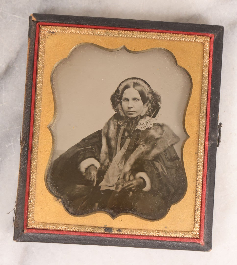 Lot 138 - Antique 1/6th Plate Ambrotype Photograph Of Elegantly Dressed Woman In Half Leatherette Case