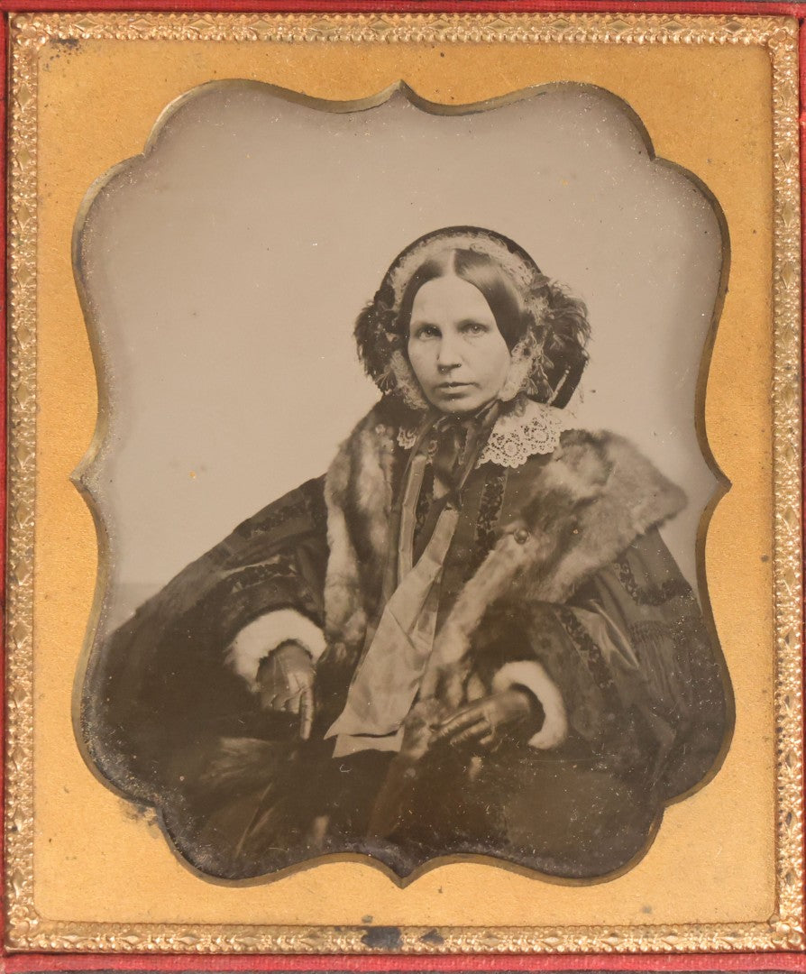 Lot 138 - Antique 1/6th Plate Ambrotype Photograph Of Elegantly Dressed Woman In Half Leatherette Case