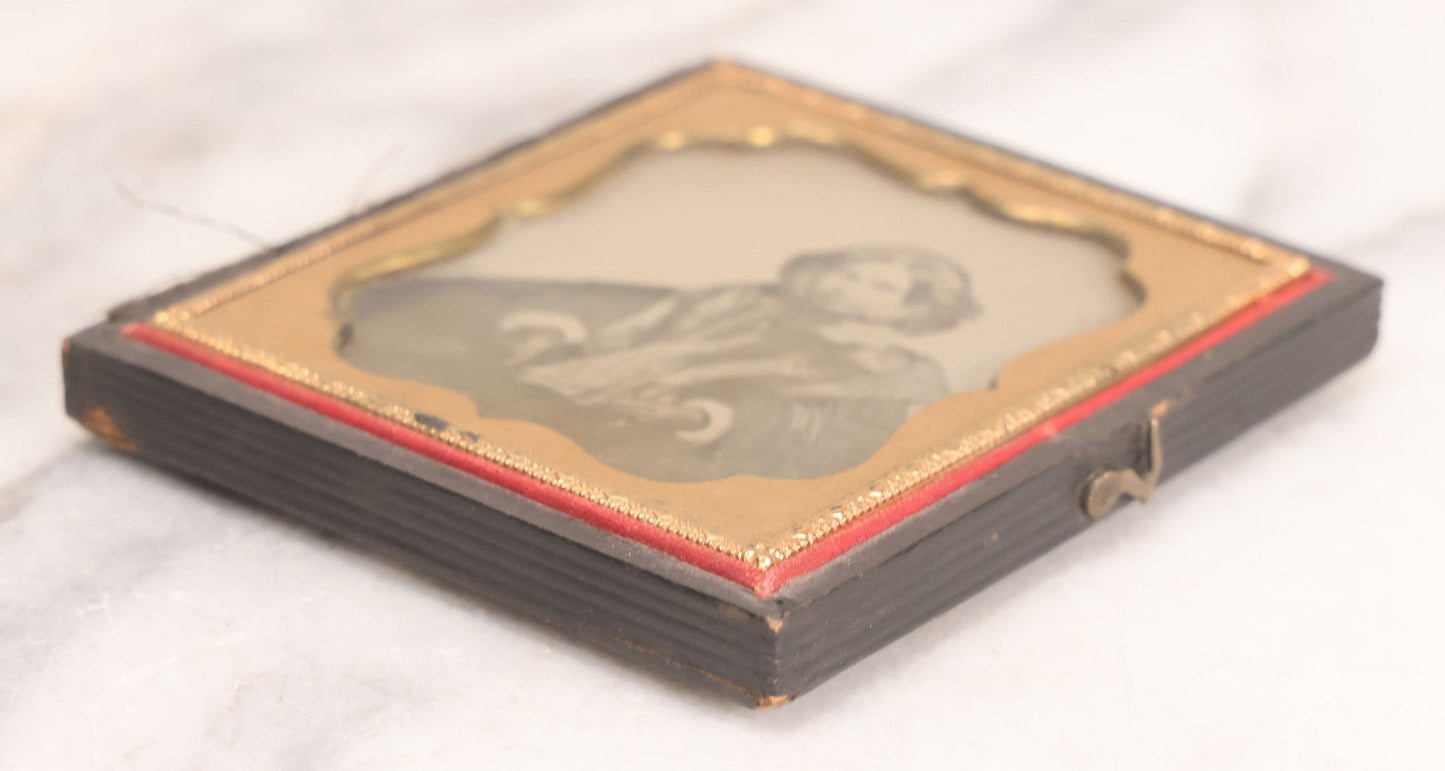 Lot 138 - Antique 1/6th Plate Ambrotype Photograph Of Elegantly Dressed Woman In Half Leatherette Case