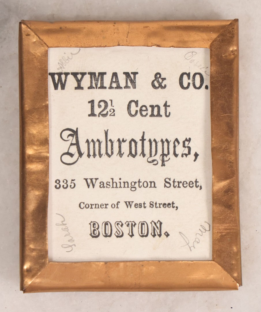 Lot 139 - Antique 1/9th Plate Ambrotype Photograph Of Young Woman In Thermoplastic Union Case, Photographed By Wyman & Co., Boston, Littlefield, Parsons & Co. Case Patented 1857, With Advertising Card
