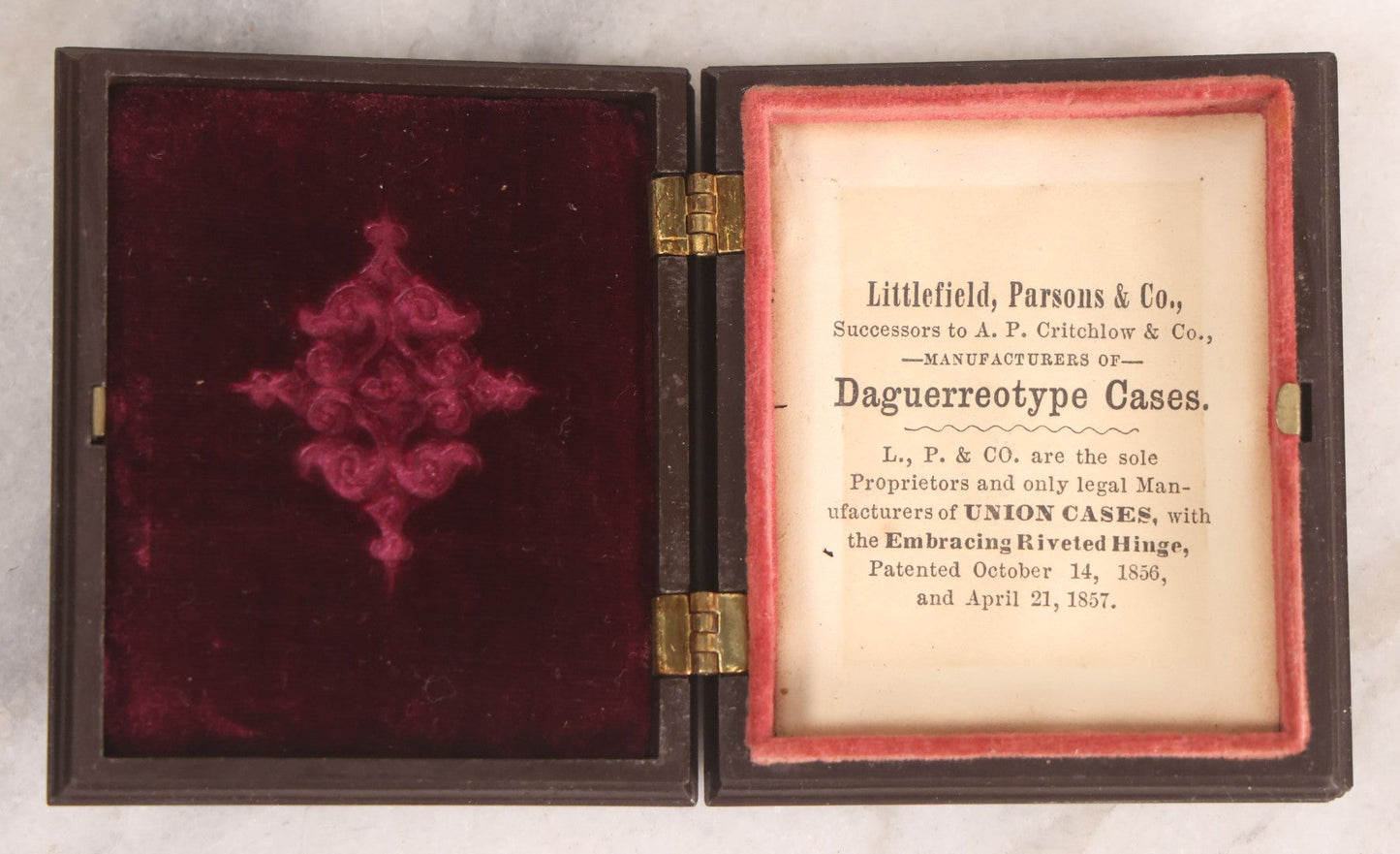 Lot 139 - Antique 1/9th Plate Ambrotype Photograph Of Young Woman In Thermoplastic Union Case, Photographed By Wyman & Co., Boston, Littlefield, Parsons & Co. Case Patented 1857, With Advertising Card