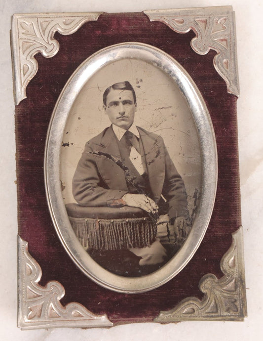 Lot 140 - Antique Tintype Photograph Of Young Man In Velvet And Metal Frame, 3-1/4" x 4-1/2"
