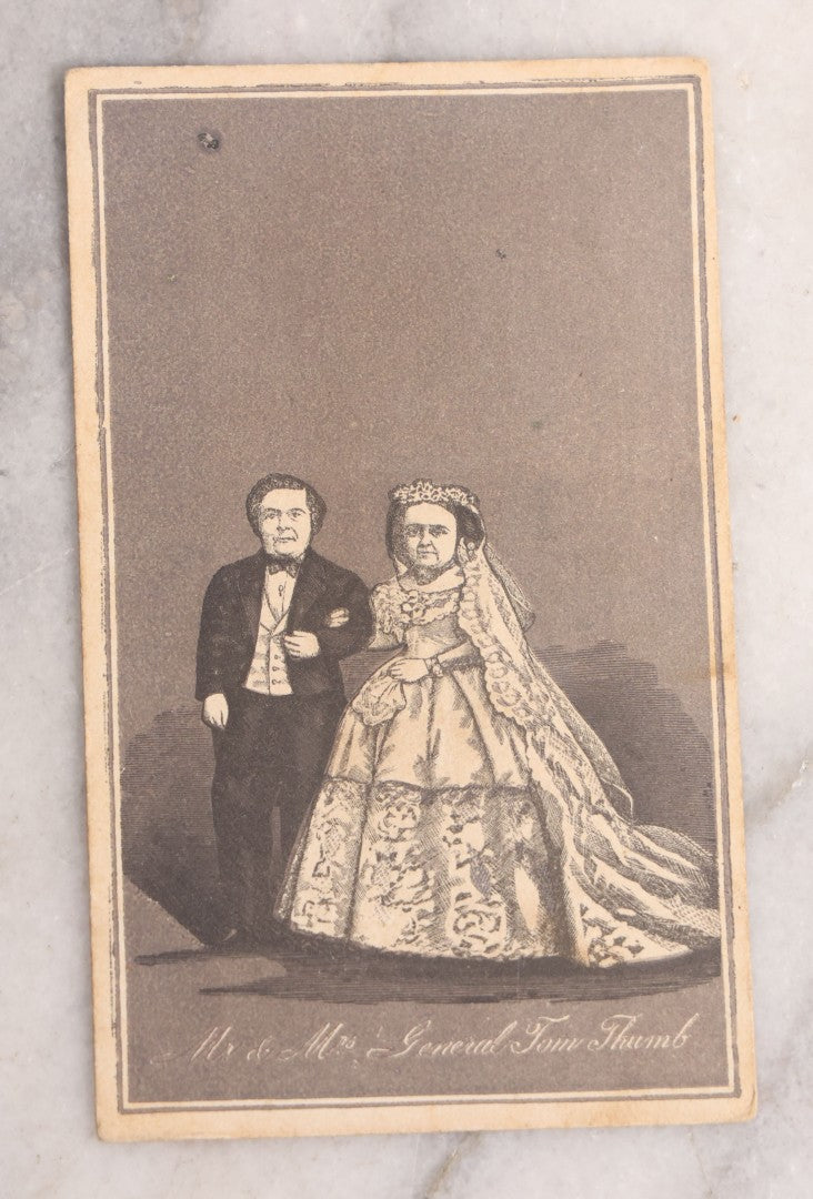 Lot 143 - Antique Illustrated Album Filler Card Depicting Little People Sideshow Performers, Mr. And Mrs. General Tom Thumb On Their Wedding Day, Published By G.S. Haskins & Co., Stationers, New York