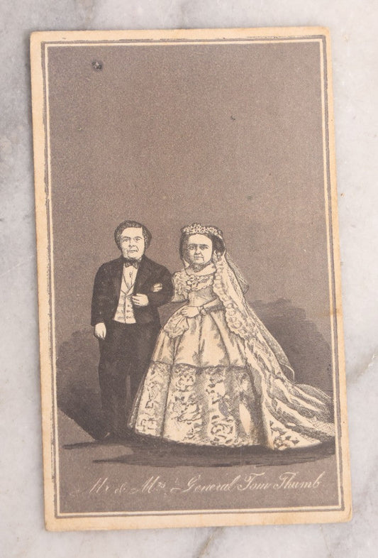 Lot 143 - Antique Illustrated Album Filler Card Depicting Little People Sideshow Performers, Mr. And Mrs. General Tom Thumb On Their Wedding Day, Published By G.S. Haskins & Co., Stationers, New York