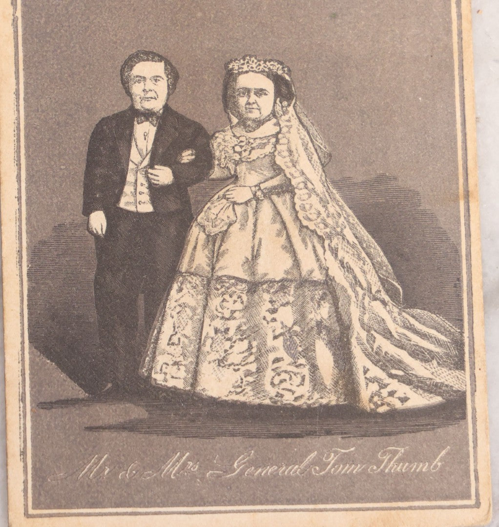 Lot 143 - Antique Illustrated Album Filler Card Depicting Little People Sideshow Performers, Mr. And Mrs. General Tom Thumb On Their Wedding Day, Published By G.S. Haskins & Co., Stationers, New York