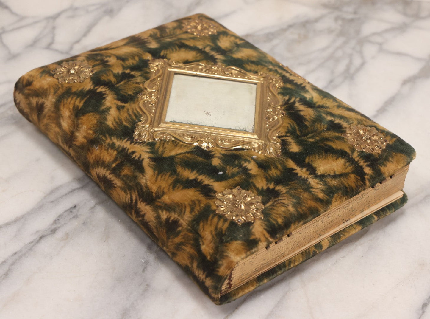 Lot 144 - Antique Green Velvet Photograph Album With Gilt Hardware And Framed Mirror, Mostly Empty, Circa 1870s-1890s