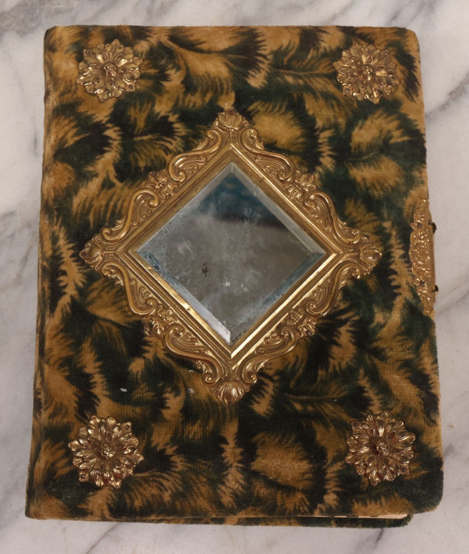 Lot 144 - Antique Green Velvet Photograph Album With Gilt Hardware And Framed Mirror, Mostly Empty, Circa 1870s-1890s