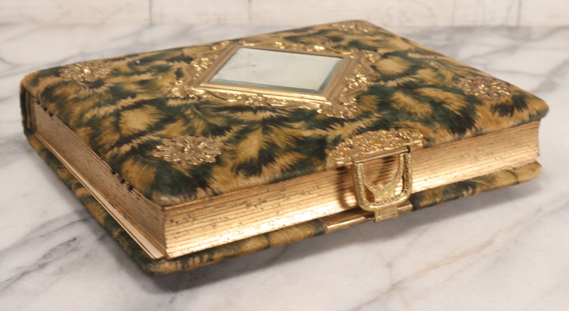 Lot 144 - Antique Green Velvet Photograph Album With Gilt Hardware And Framed Mirror, Mostly Empty, Circa 1870s-1890s