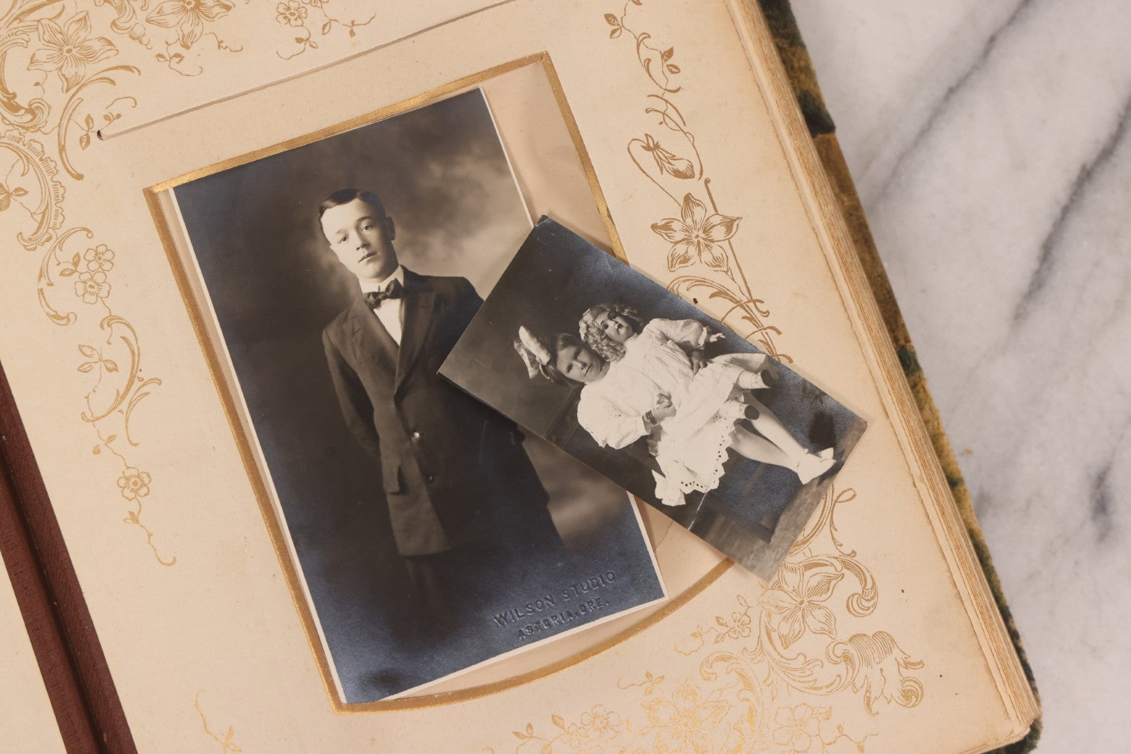 Lot 144 - Antique Green Velvet Photograph Album With Gilt Hardware And Framed Mirror, Mostly Empty, Circa 1870s-1890s