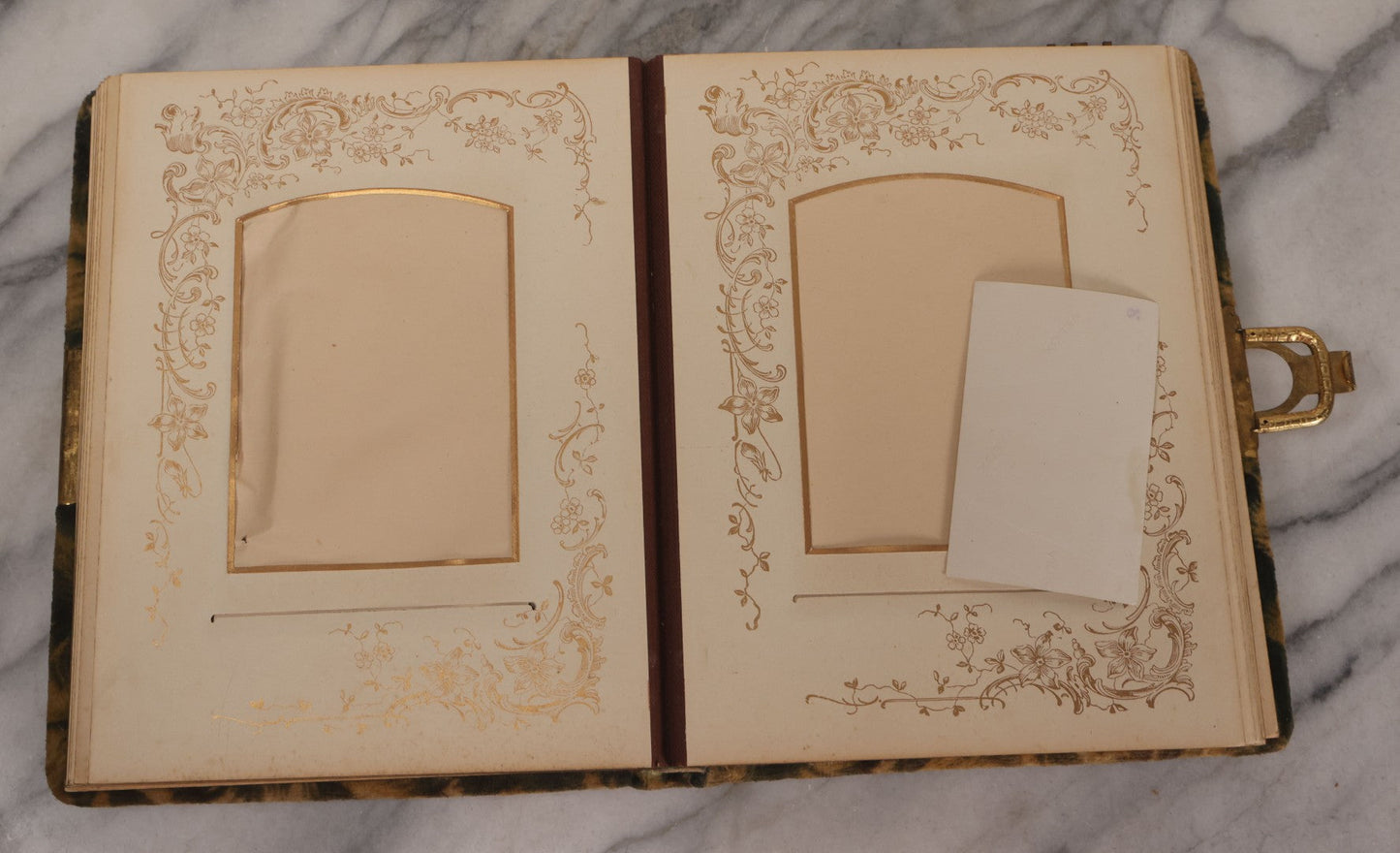Lot 144 - Antique Green Velvet Photograph Album With Gilt Hardware And Framed Mirror, Mostly Empty, Circa 1870s-1890s