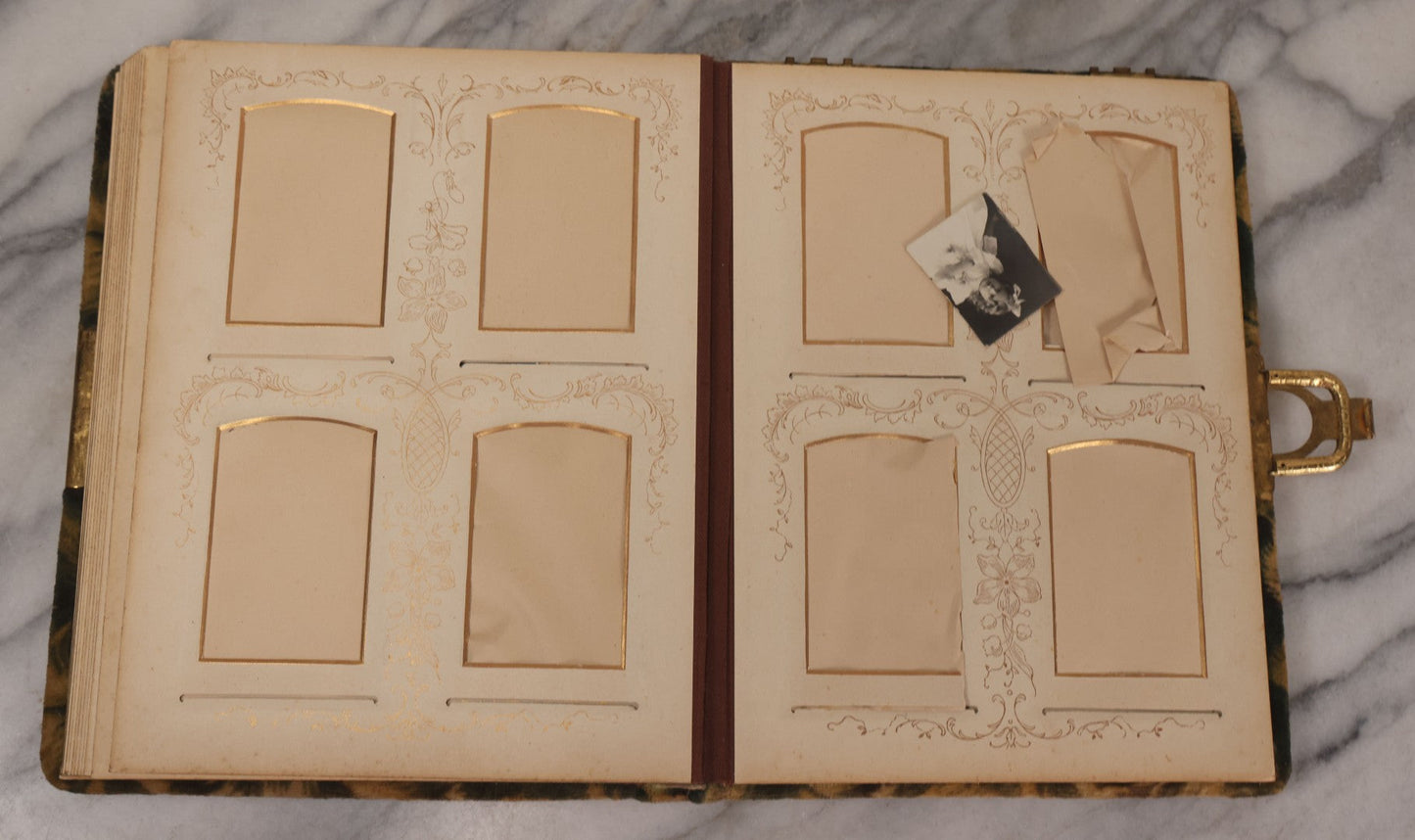 Lot 144 - Antique Green Velvet Photograph Album With Gilt Hardware And Framed Mirror, Mostly Empty, Circa 1870s-1890s