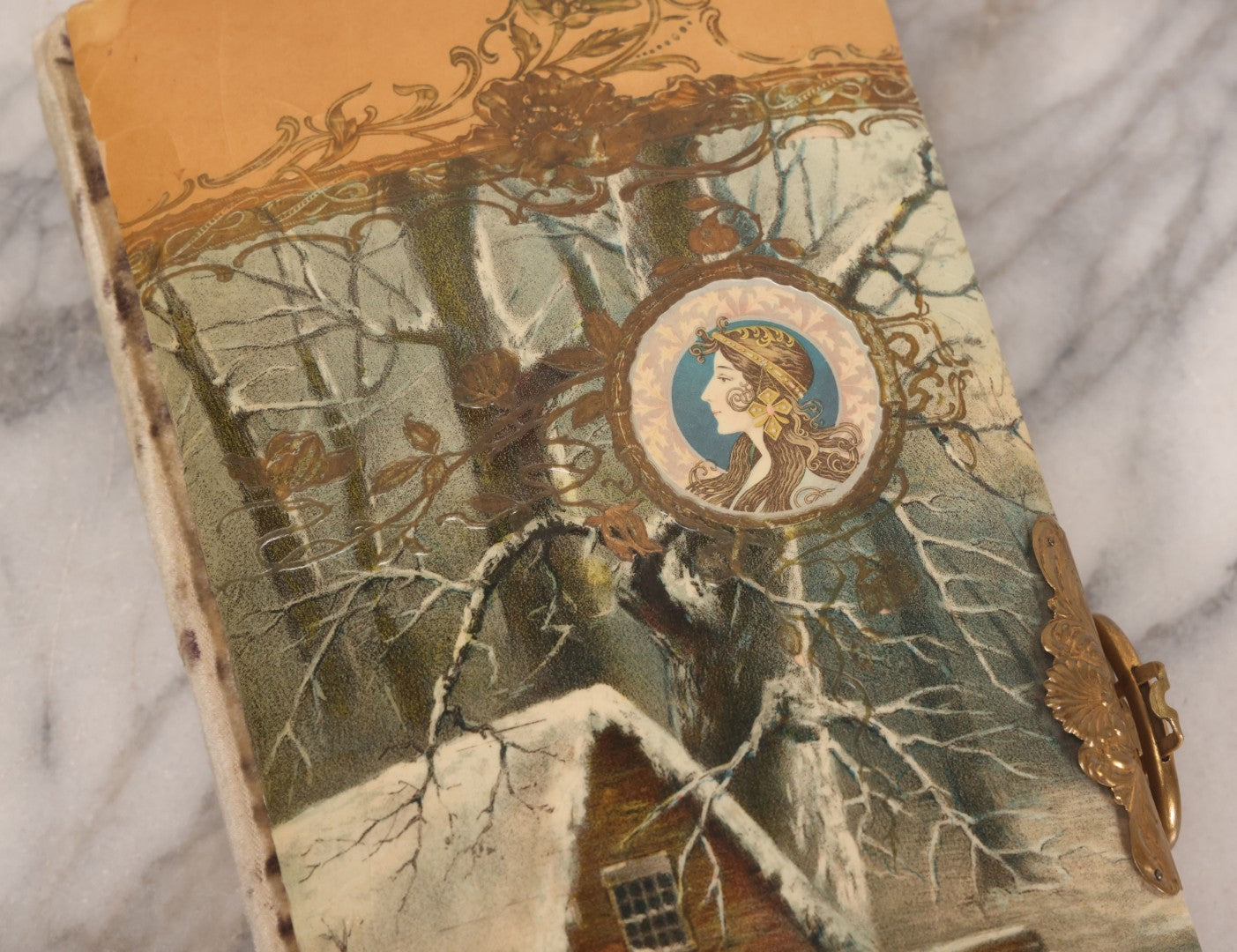 Lot 145 - Antique Celluloid Photograph Album With Winter Mill Scene And Art Nouveau Cameo, Mostly Empty, Circa 1890s-1900s