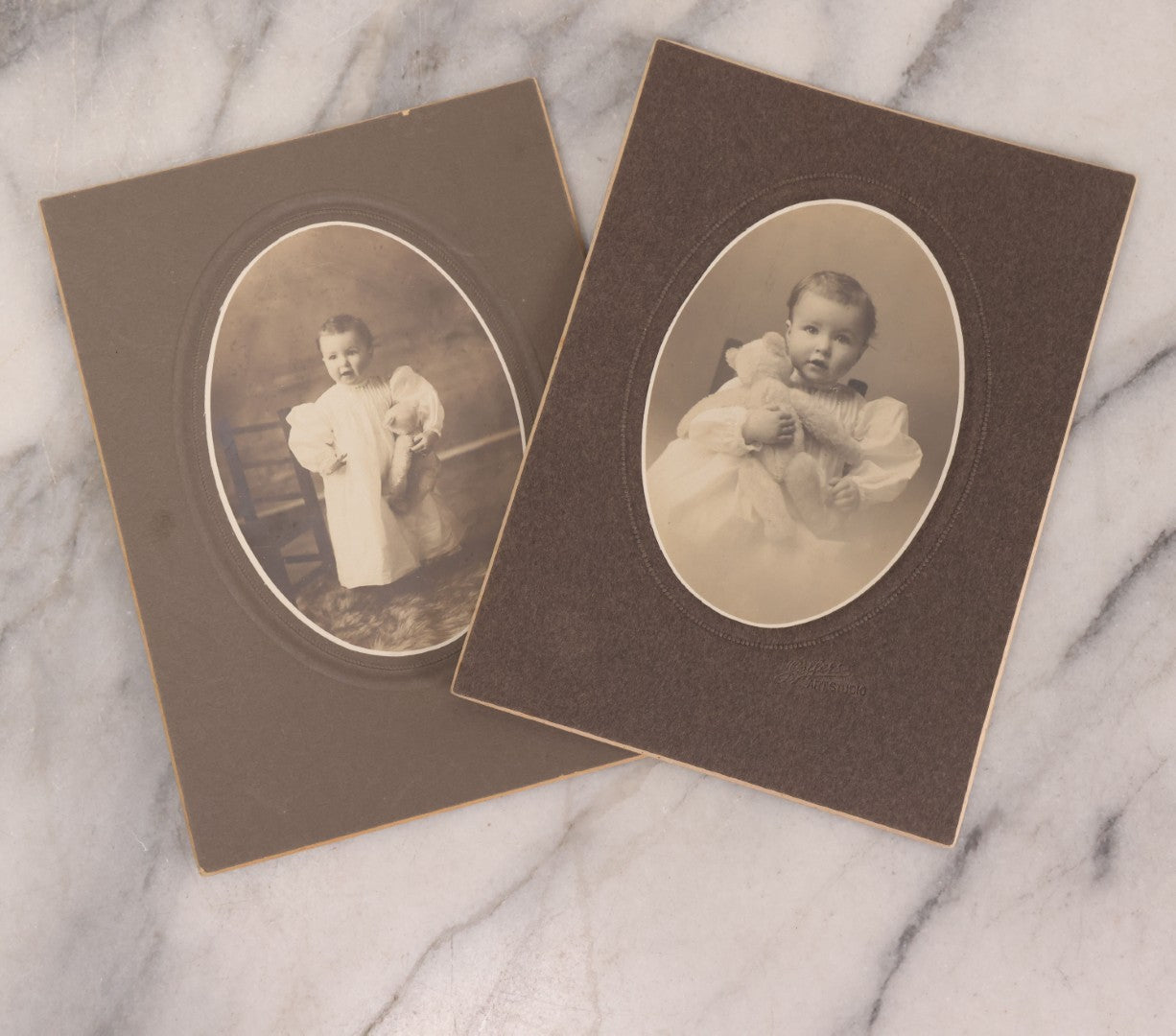Lot 146 - Pair Of Vintage Board Mounted Photographs Of Child With Teddy Bear, Identified As Helen, November 1908, Belfer's Art Studio