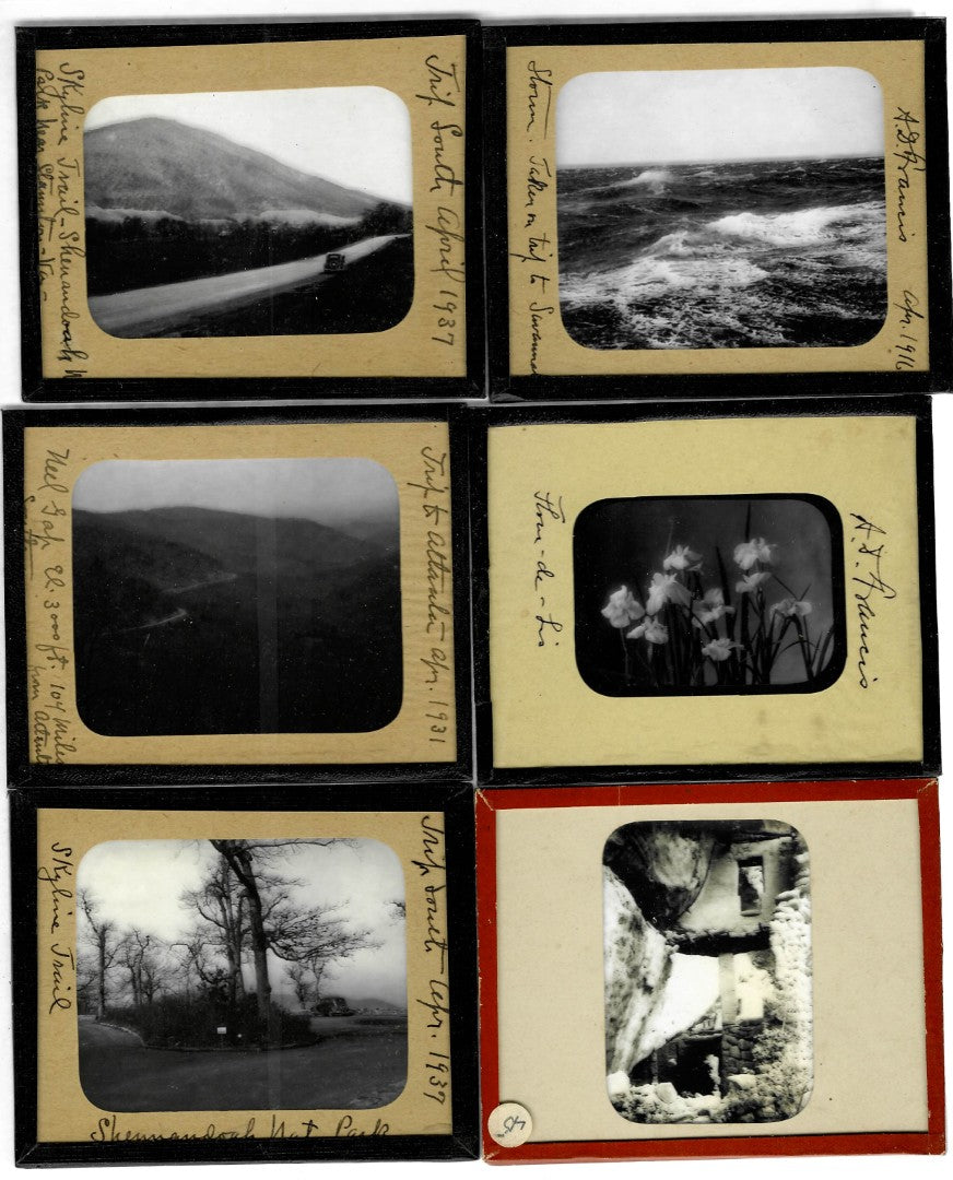 Lot 151 - Grouping Of 44 Vintage Black And White Magic Lantern Photo Slides Photographed By Arthur D. Francis, Circa 1930s With Handwritten Notes, Including Travel Scenes, Landscapes, Architecture, Animals, In Storage Box