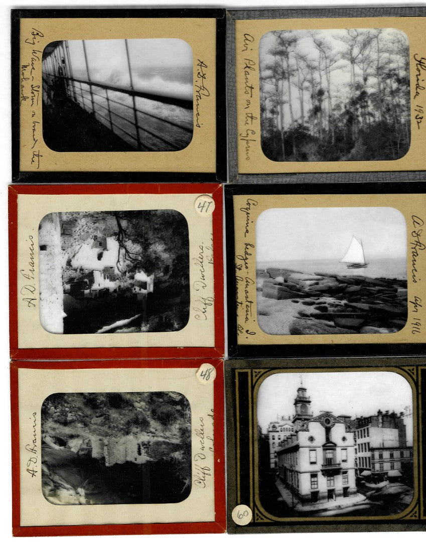 Lot 151 - Grouping Of 44 Vintage Black And White Magic Lantern Photo Slides Photographed By Arthur D. Francis, Circa 1930s With Handwritten Notes, Including Travel Scenes, Landscapes, Architecture, Animals, In Storage Box