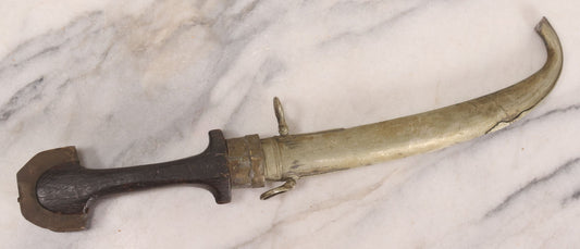 Lot 155 - Vintage Decorative Curved Dagger With Engraved Brass Sheath And Wood Handle, 15" L