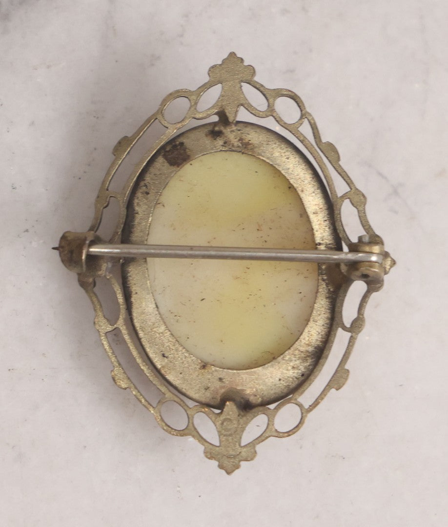 Lot 161 - Trio Of Miscellaneous Vintage Smalls Including Tony Amabile, Center Harbor, New Hampshire Metal Badge, Masonic Printing Block, Vintage Costume Jewelry Cameo Brooch