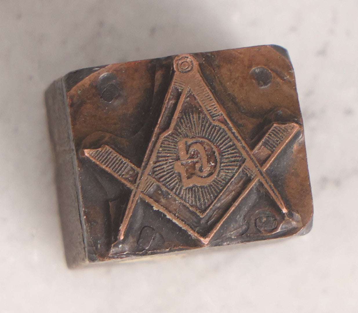 Lot 161 - Trio Of Miscellaneous Vintage Smalls Including Tony Amabile, Center Harbor, New Hampshire Metal Badge, Masonic Printing Block, Vintage Costume Jewelry Cameo Brooch