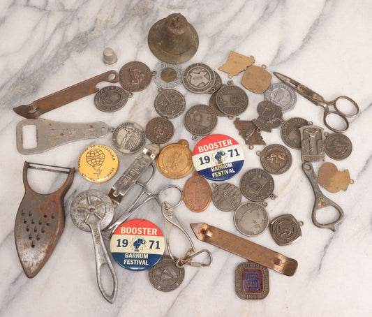Lot 162 - Mixed Lot Of Miscellaneous Vintage Metal Smalls, 30+ Pieces, Including 1971 Barnum Festival Booster Pins, Bottle Openers, Sewing Scissors, Commemorative Penny, Souvenir Metal Sports Medallions For Wrestling And More