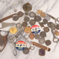 Lot 162 - Mixed Lot Of Miscellaneous Vintage Metal Smalls, 30+ Pieces, Including 1971 Barnum Festival Booster Pins, Bottle Openers, Sewing Scissors, Commemorative Penny, Souvenir Metal Sports Medallions For Wrestling And More