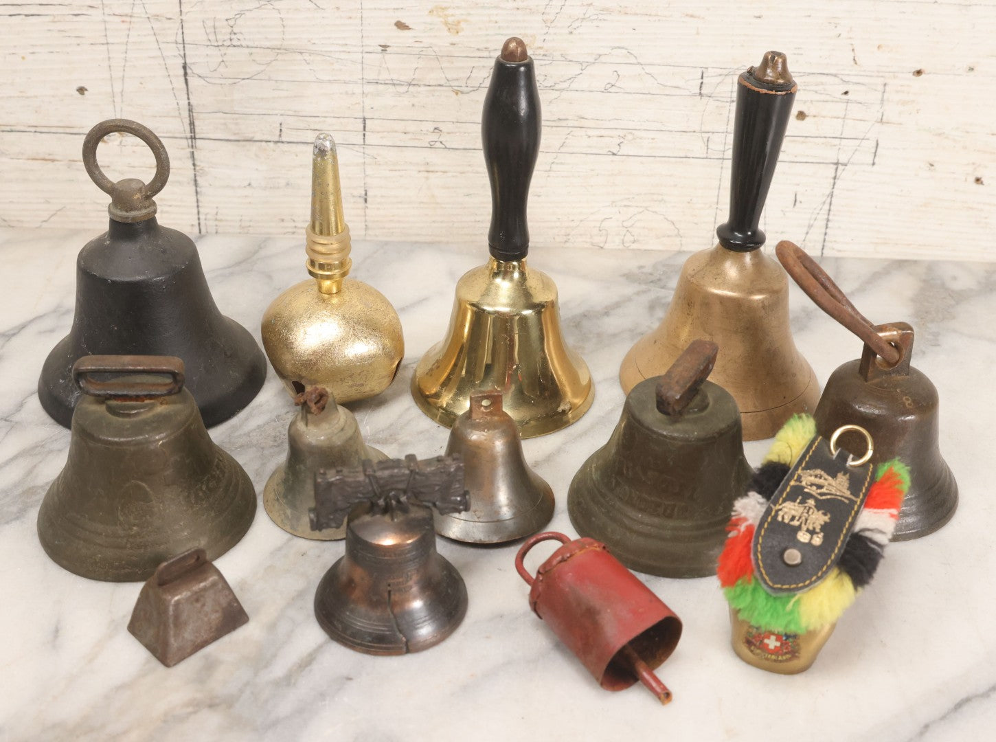 Lot 163 - Grouping Of 13 Vintage Bells Including Liberty Bell Replica And Saignélegier-Style Bells
