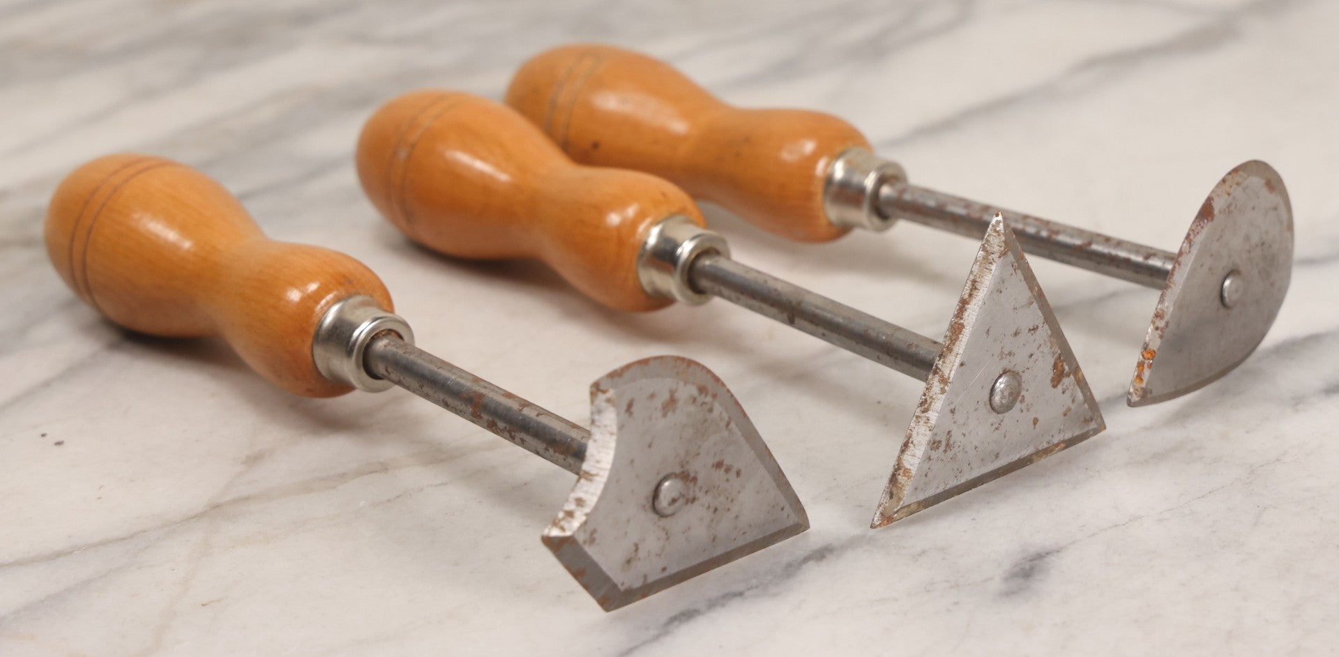 Lot 165 - Grouping Of Four Antique And Vintage Tools Including John Rabone & Sons 50 Ft Tape Measure, 5-1/4" Diameter, And Three Pottery Tools, 7-1/2" L Each