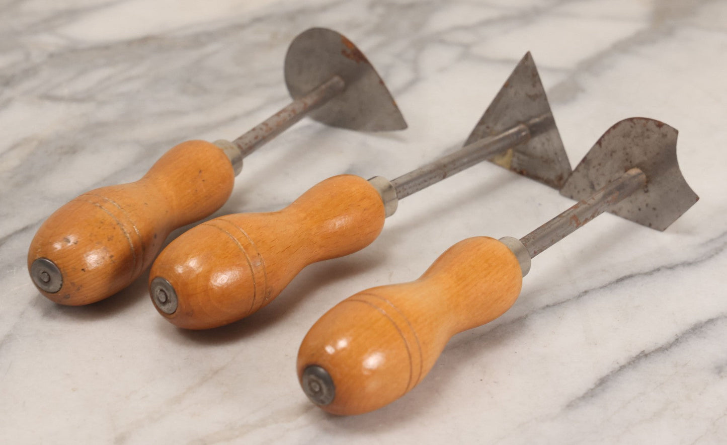 Lot 165 - Grouping Of Four Antique And Vintage Tools Including John Rabone & Sons 50 Ft Tape Measure, 5-1/4" Diameter, And Three Pottery Tools, 7-1/2" L Each