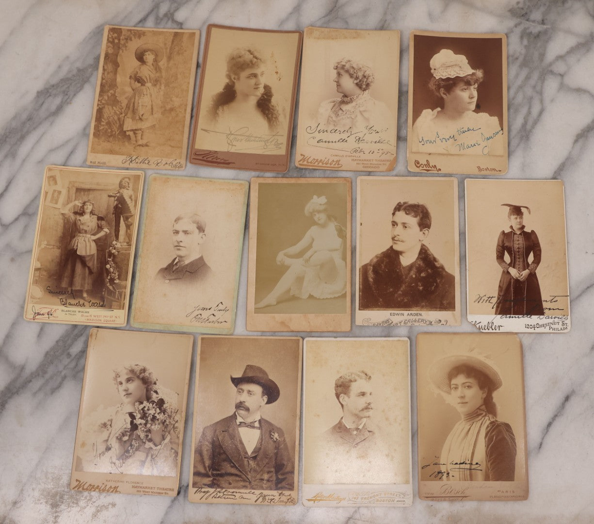 Lot 167 - Grouping Of 13 Antique Cabinet Card Photographs Of Stage Actresses And Actors, Many Signed, Including Katherine Florence, Blanche Walsh, Edwin Arden, Camille D'Arville, Circa 1895