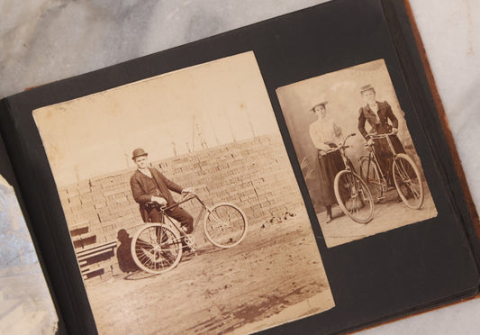 Lot 168 - Antique Snapshot Photograph Album, Leather Covers With Hand-Painted Pink Flower, Including Photos Of People With Bikes, Soldiers In Uniform, Babies, Children, Dolls, Pets, Circa 1900s-1910s