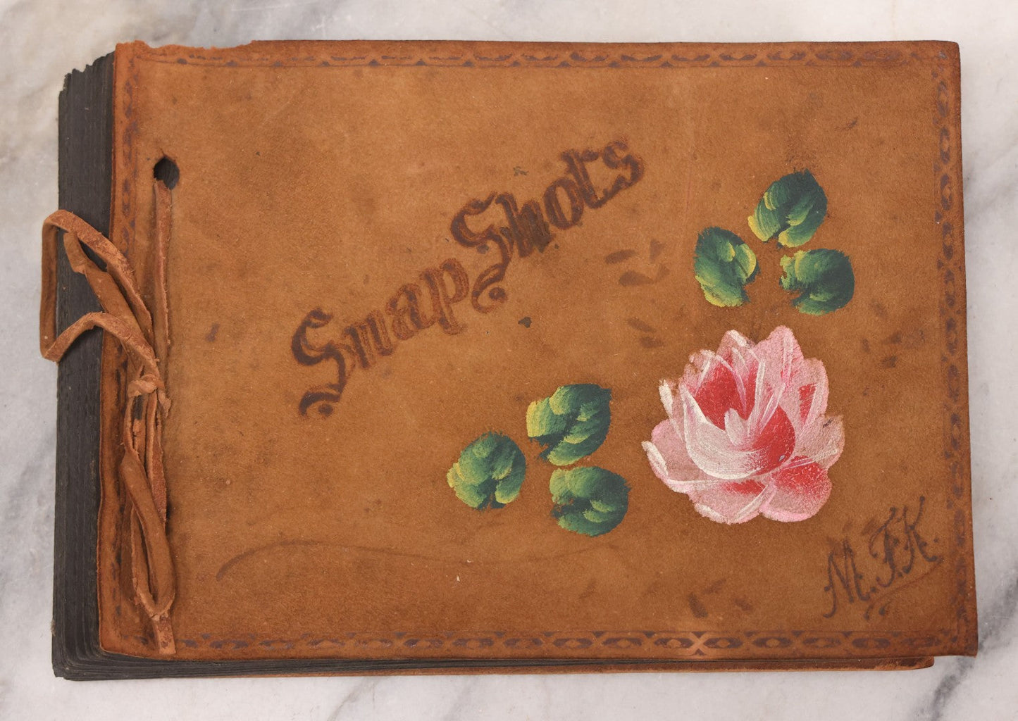 Lot 168 - Antique Snapshot Photograph Album, Leather Covers With Hand-Painted Pink Flower, Including Photos Of People With Bikes, Soldiers In Uniform, Babies, Children, Dolls, Pets, Circa 1900s-1910s