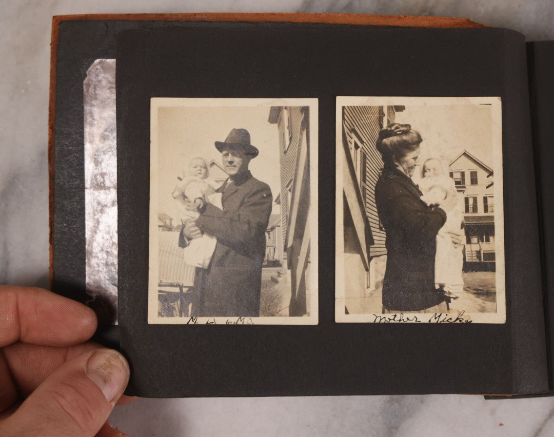 Lot 168 - Antique Snapshot Photograph Album, Leather Covers With Hand-Painted Pink Flower, Including Photos Of People With Bikes, Soldiers In Uniform, Babies, Children, Dolls, Pets, Circa 1900s-1910s