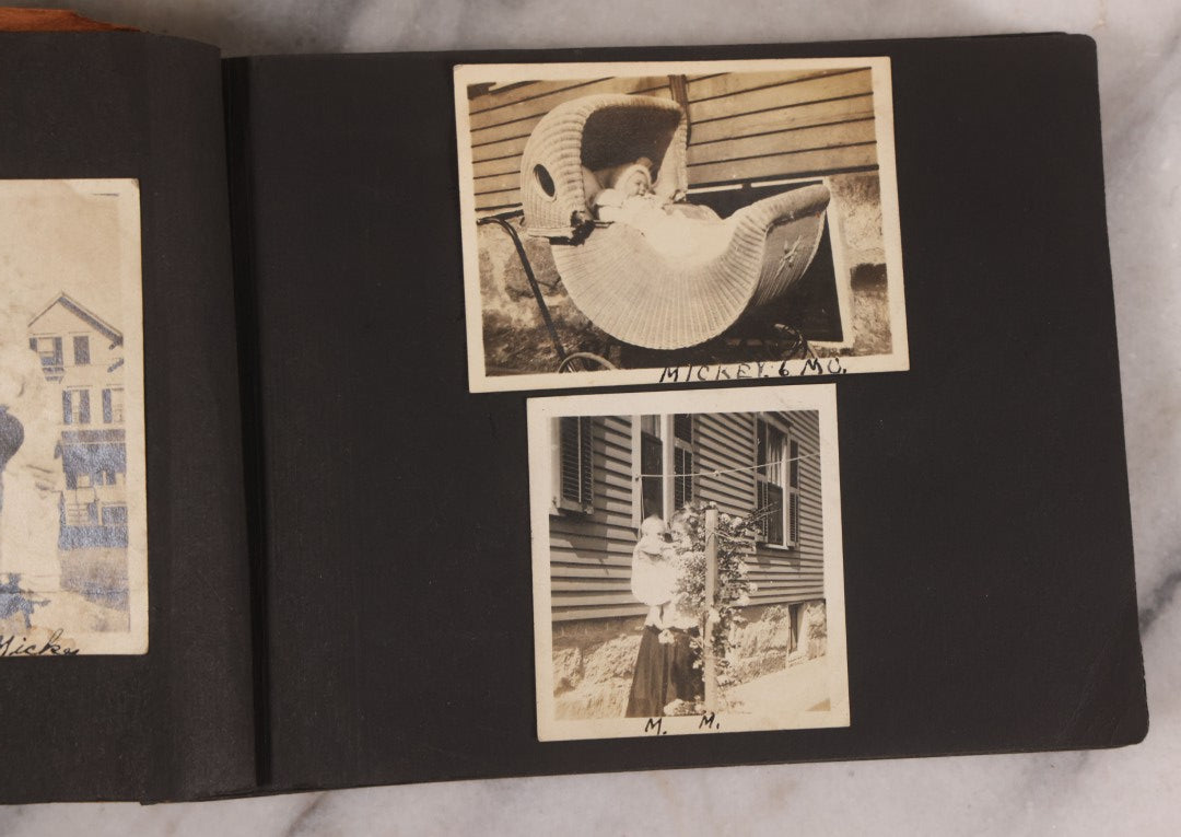 Lot 168 - Antique Snapshot Photograph Album, Leather Covers With Hand-Painted Pink Flower, Including Photos Of People With Bikes, Soldiers In Uniform, Babies, Children, Dolls, Pets, Circa 1900s-1910s