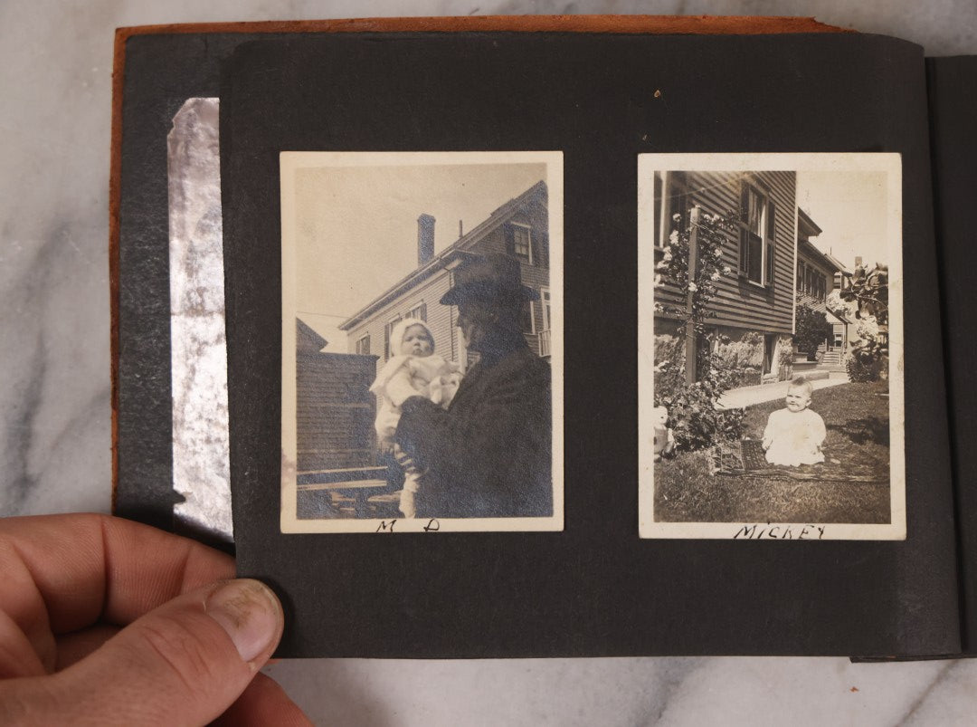 Lot 168 - Antique Snapshot Photograph Album, Leather Covers With Hand-Painted Pink Flower, Including Photos Of People With Bikes, Soldiers In Uniform, Babies, Children, Dolls, Pets, Circa 1900s-1910s
