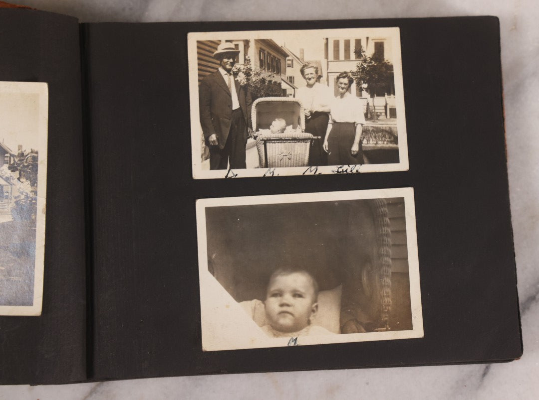 Lot 168 - Antique Snapshot Photograph Album, Leather Covers With Hand-Painted Pink Flower, Including Photos Of People With Bikes, Soldiers In Uniform, Babies, Children, Dolls, Pets, Circa 1900s-1910s