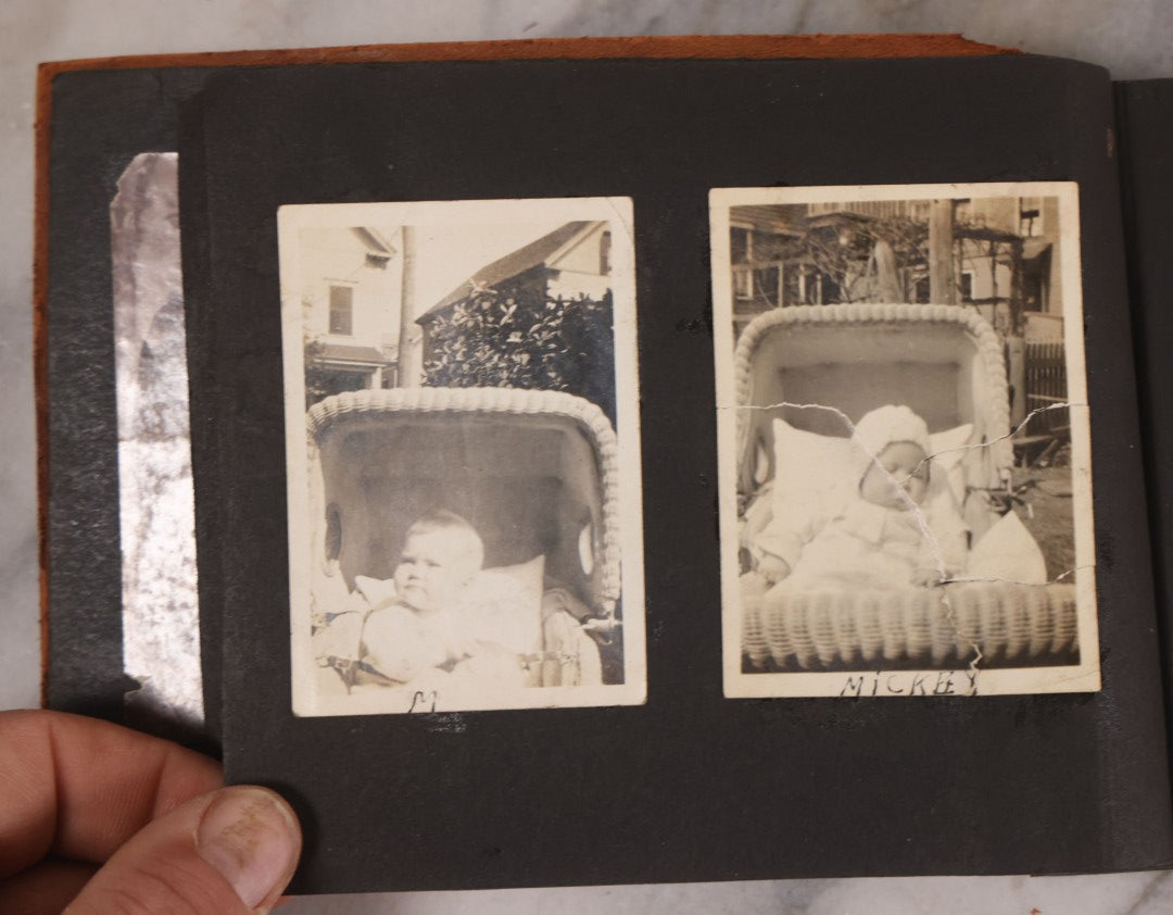 Lot 168 - Antique Snapshot Photograph Album, Leather Covers With Hand-Painted Pink Flower, Including Photos Of People With Bikes, Soldiers In Uniform, Babies, Children, Dolls, Pets, Circa 1900s-1910s