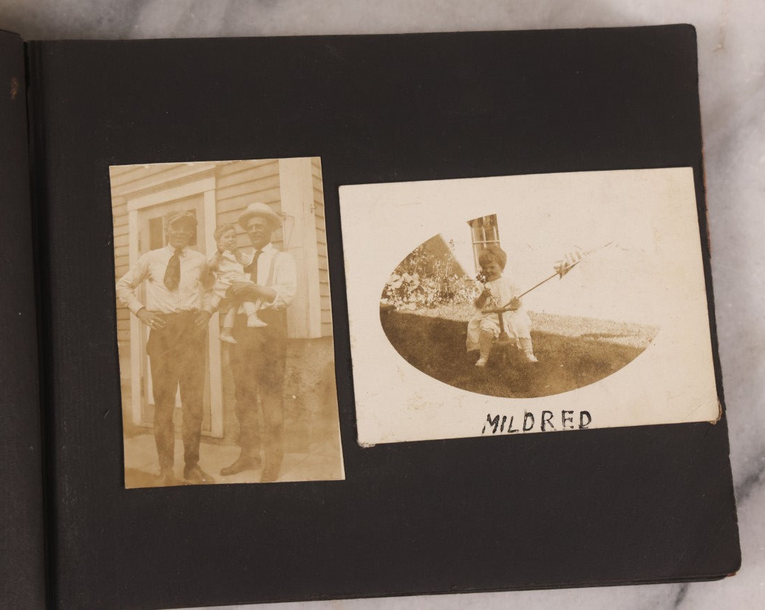 Lot 168 - Antique Snapshot Photograph Album, Leather Covers With Hand-Painted Pink Flower, Including Photos Of People With Bikes, Soldiers In Uniform, Babies, Children, Dolls, Pets, Circa 1900s-1910s