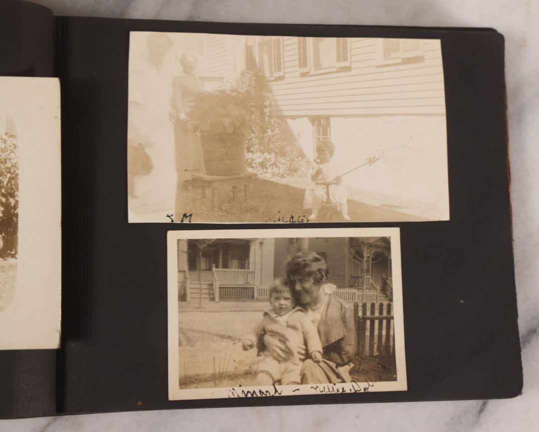 Lot 168 - Antique Snapshot Photograph Album, Leather Covers With Hand-Painted Pink Flower, Including Photos Of People With Bikes, Soldiers In Uniform, Babies, Children, Dolls, Pets, Circa 1900s-1910s