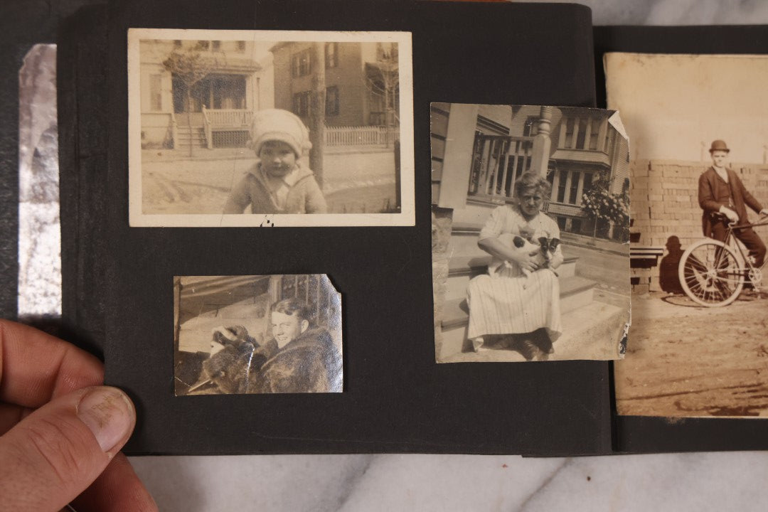 Lot 168 - Antique Snapshot Photograph Album, Leather Covers With Hand-Painted Pink Flower, Including Photos Of People With Bikes, Soldiers In Uniform, Babies, Children, Dolls, Pets, Circa 1900s-1910s