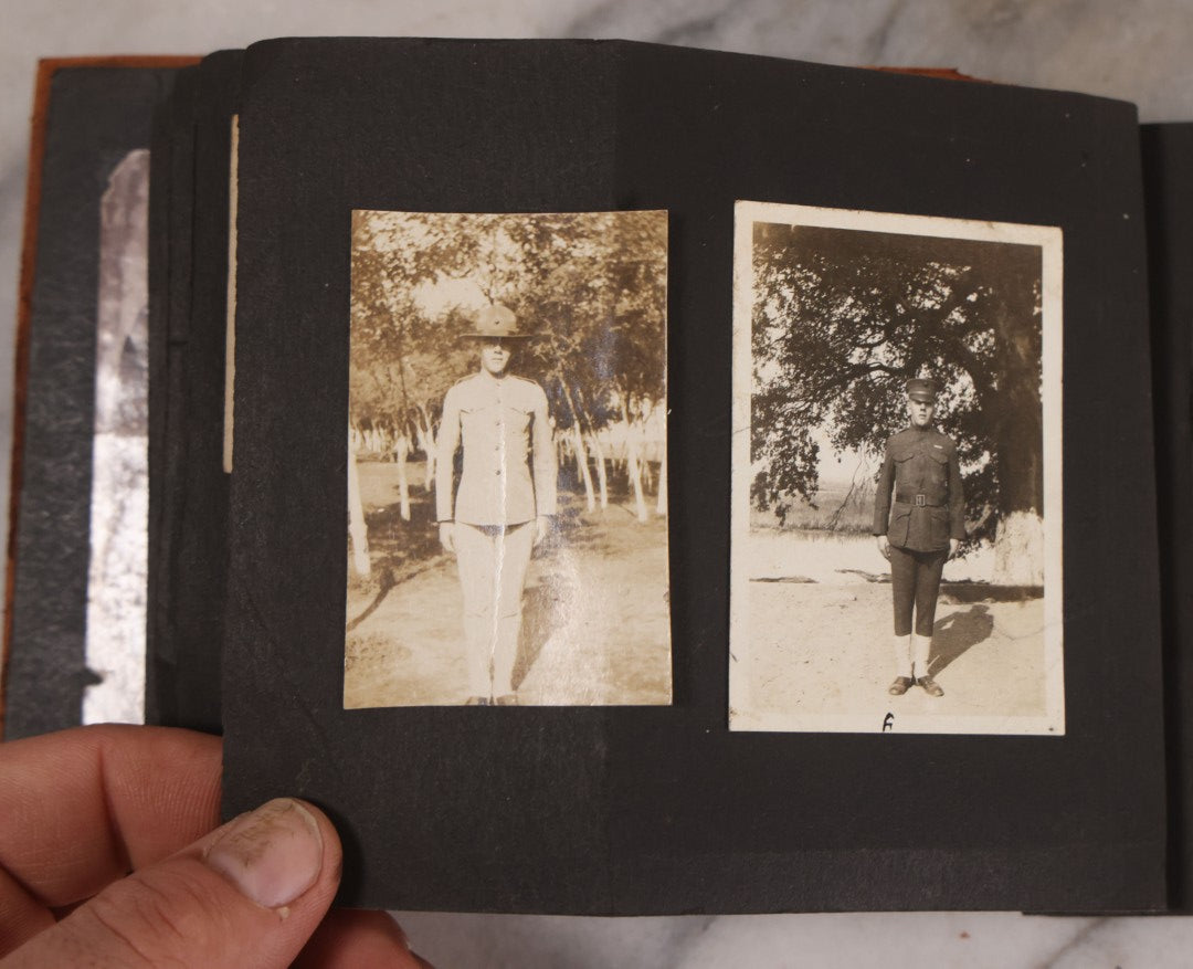 Lot 168 - Antique Snapshot Photograph Album, Leather Covers With Hand-Painted Pink Flower, Including Photos Of People With Bikes, Soldiers In Uniform, Babies, Children, Dolls, Pets, Circa 1900s-1910s