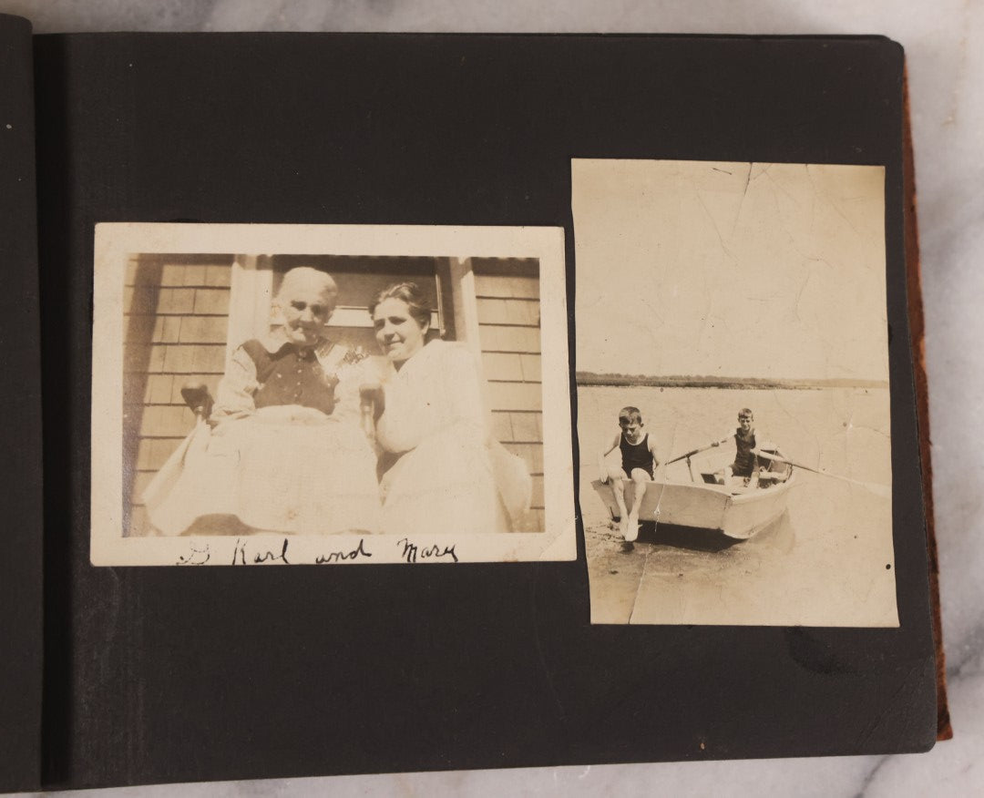 Lot 168 - Antique Snapshot Photograph Album, Leather Covers With Hand-Painted Pink Flower, Including Photos Of People With Bikes, Soldiers In Uniform, Babies, Children, Dolls, Pets, Circa 1900s-1910s